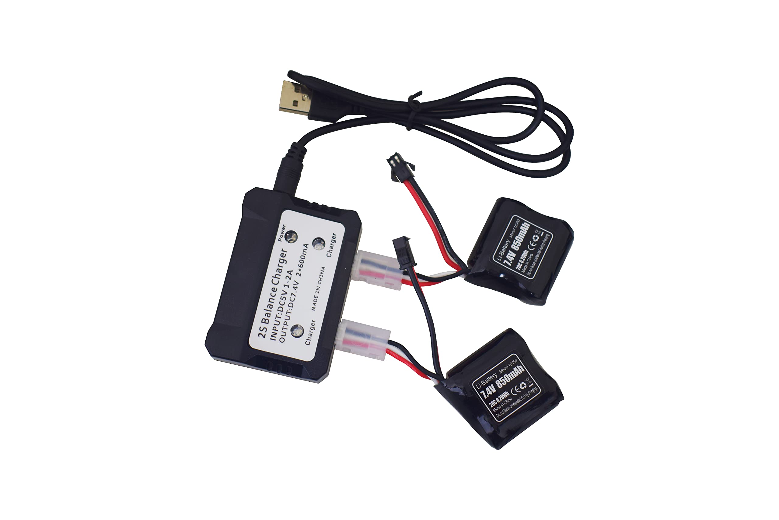 Lot De 2 Batteries Li-Po 7.4V 600mAh + Chargeur 2en1 - Pour Syma Q2 Q3 Skytech H100 H102 H106 H120 - Rechange Modèle Réduit