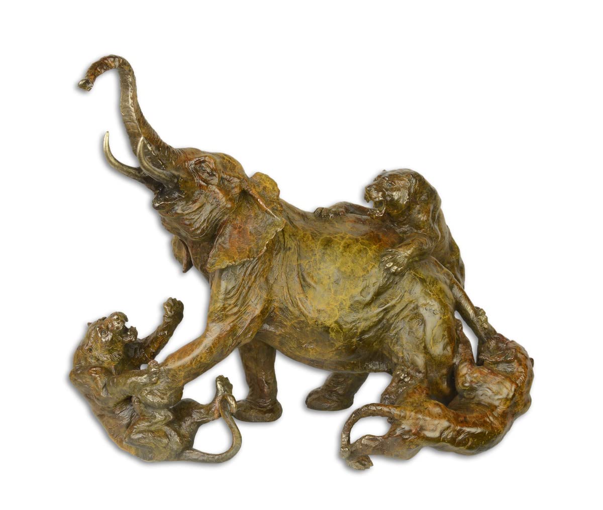 luksusowy słoń z brązu zaatakowany przez lwa 21 x 37,8 x wys. 34,1 cm - Rzeźba z brązu - Figurka Deco - Akcesoria dekoracyjne