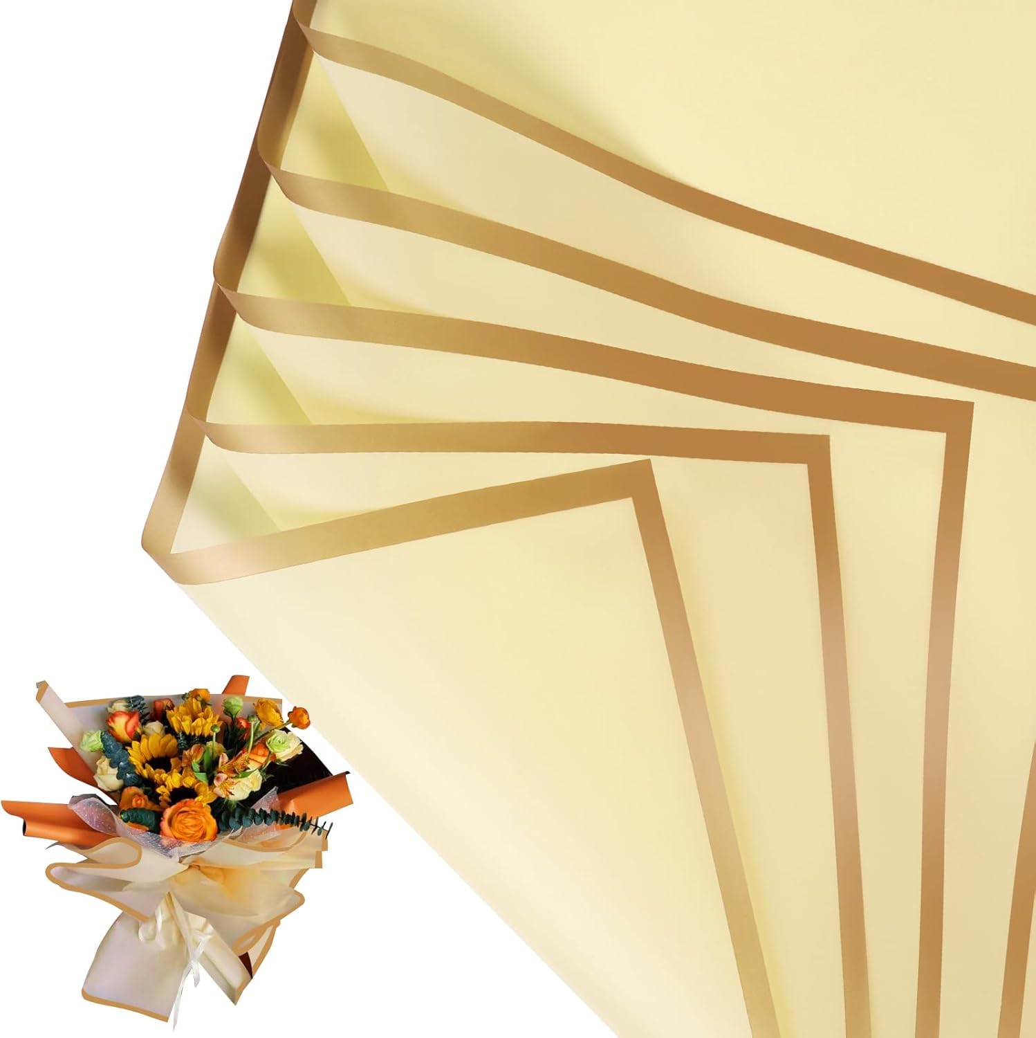 Just Flowers Waterproof Floral Wrapping Paper, Gift Wrapping Paper Roll Sheet, Florist Bouquet Supplies (Light Yellow with Rose Gold Edge, Pack of 10)