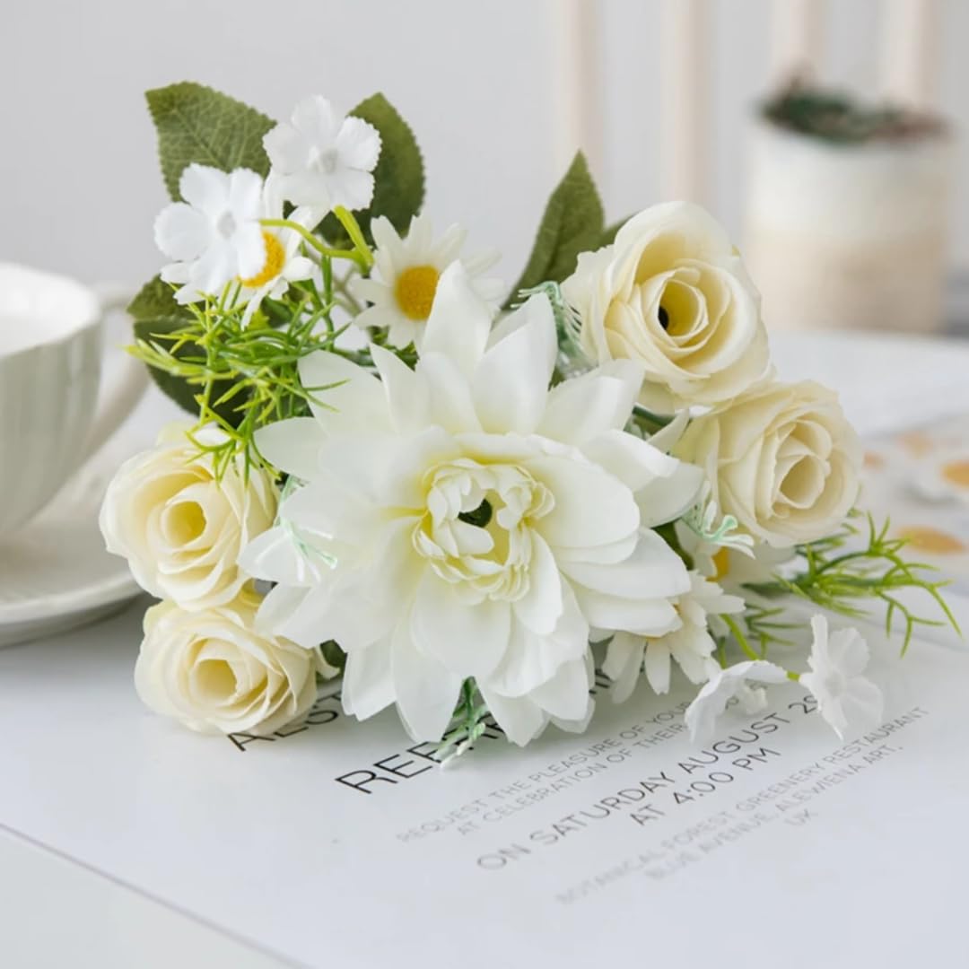Bouquet de mariée en roses artificielles blanches, arrangement floral haut de gamme