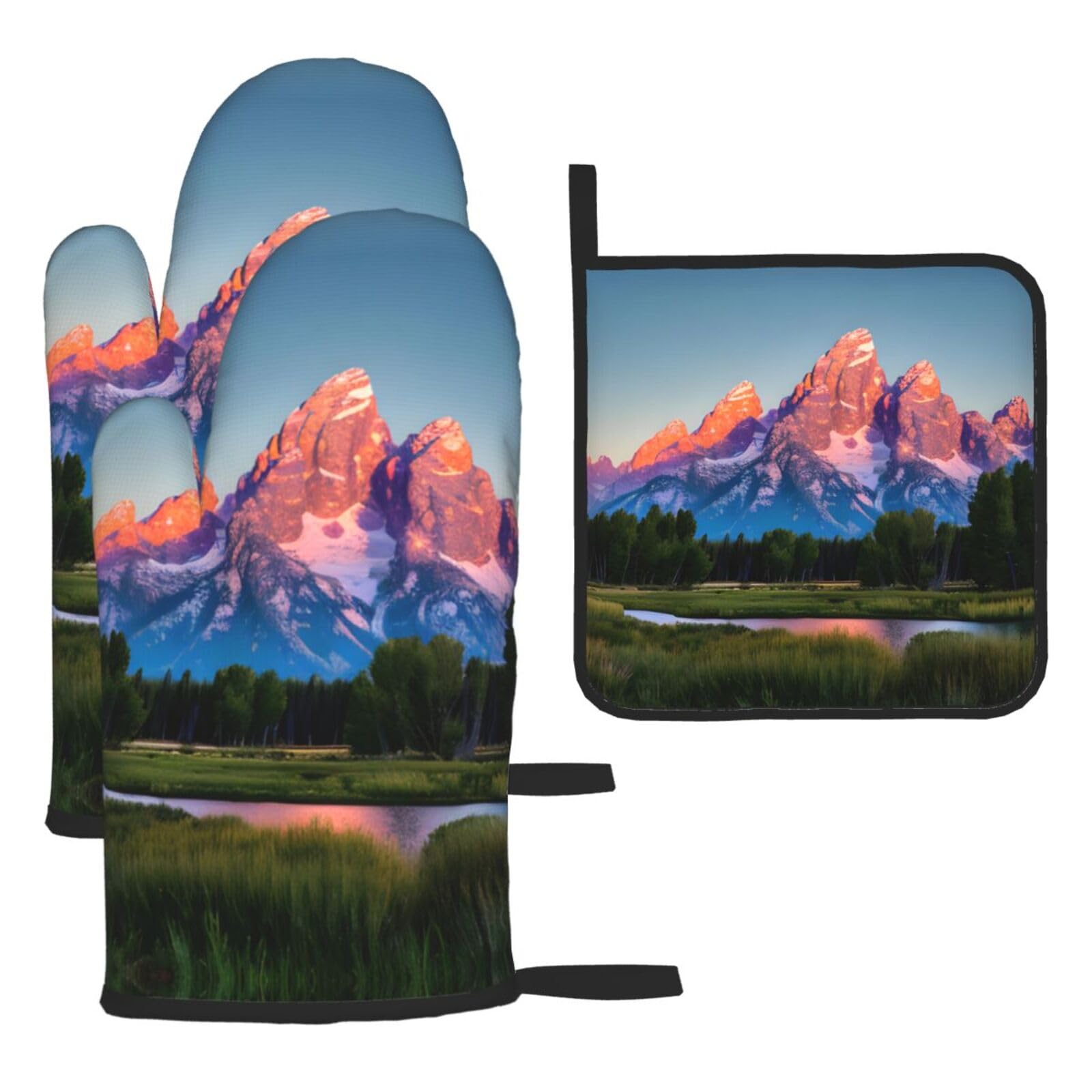 Yyoretp Black Grand Teton National Park Print Oven Mitts And Potholders Bbq Gloves-Oven Mitts And Pot Holders For Cooking Baking