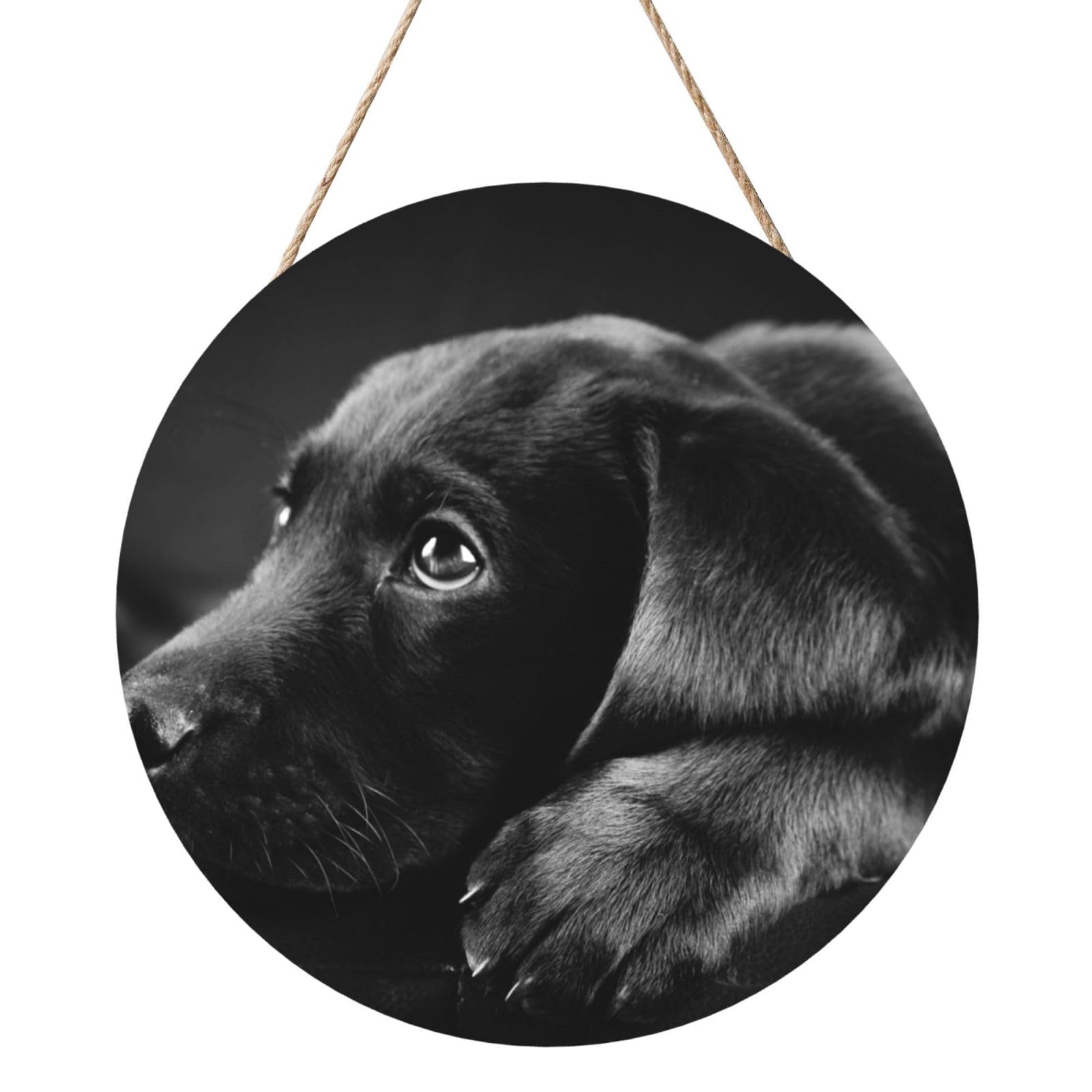 InOmak Black Labrador Puppy Art, Round Wood Panel Painting 12 in, Wall Hanging Painting For Home