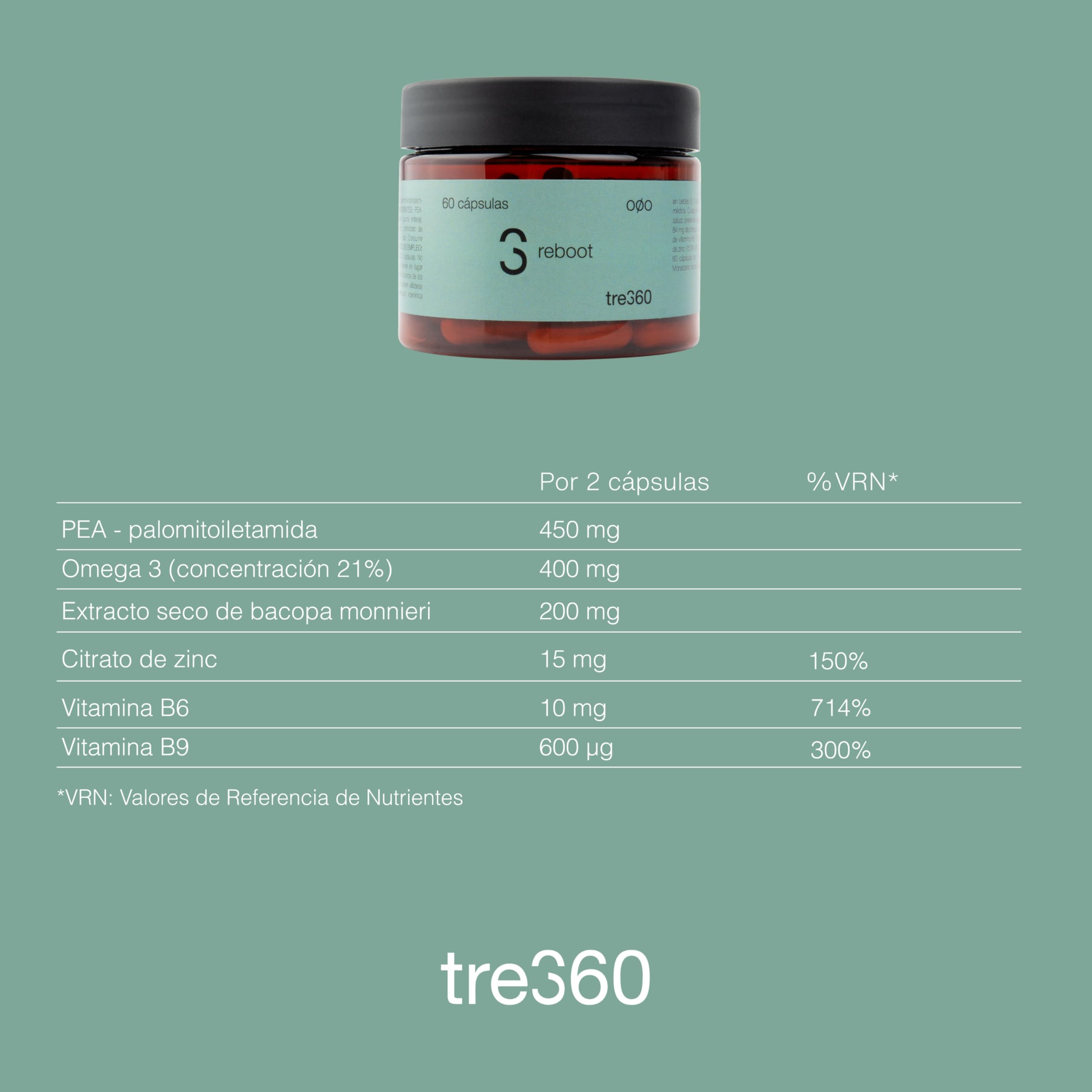 Tres60 - Reboot Complejo de Vitaminas B y Zinc – 60 Cápsulas – Con Omega 3 y Palmitoiletanolamida (PEA) – Suplemento Revitalizante para Energía, Sistema Nervioso y Reducción de Fatiga