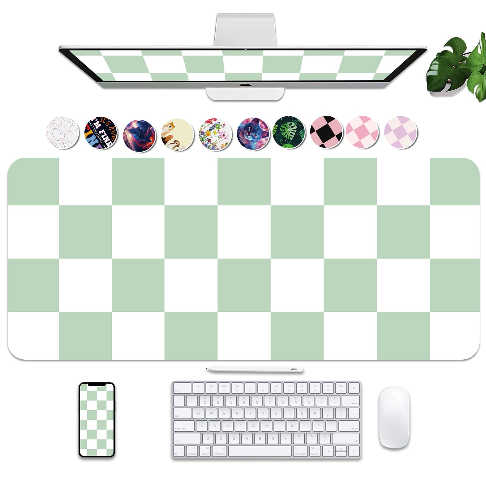 Bleswin Large Plaid Desk Mat, 35.4 x 15.7 inch, PU Leather Mouse Pad Protector, Non-Slip Green Throw Waterproof Writing Pad for Office and Home (35.4 x 15.7 Inch) - 90x40 cm - Green plaid