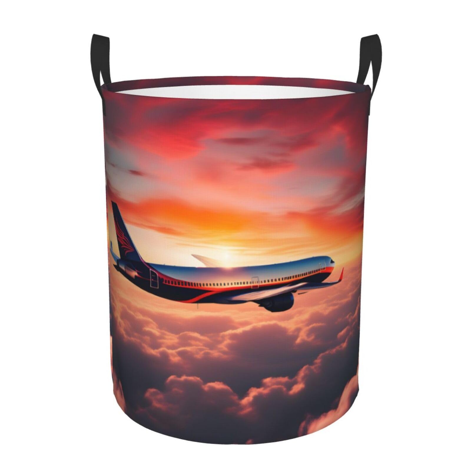 M Collapsible Round Airplane Sunsets Sky Print Laundry Hamper