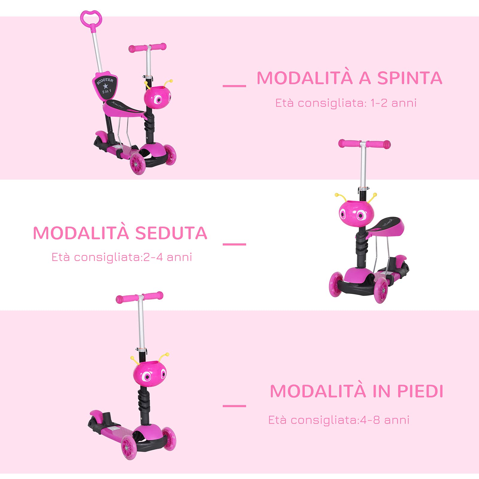 HOMCOM Monopattino 3 Ruote per Bambini con Sedile e Maniglione, Manubrio con Altezza Regolabile, 62x25x72.5cm Rosa