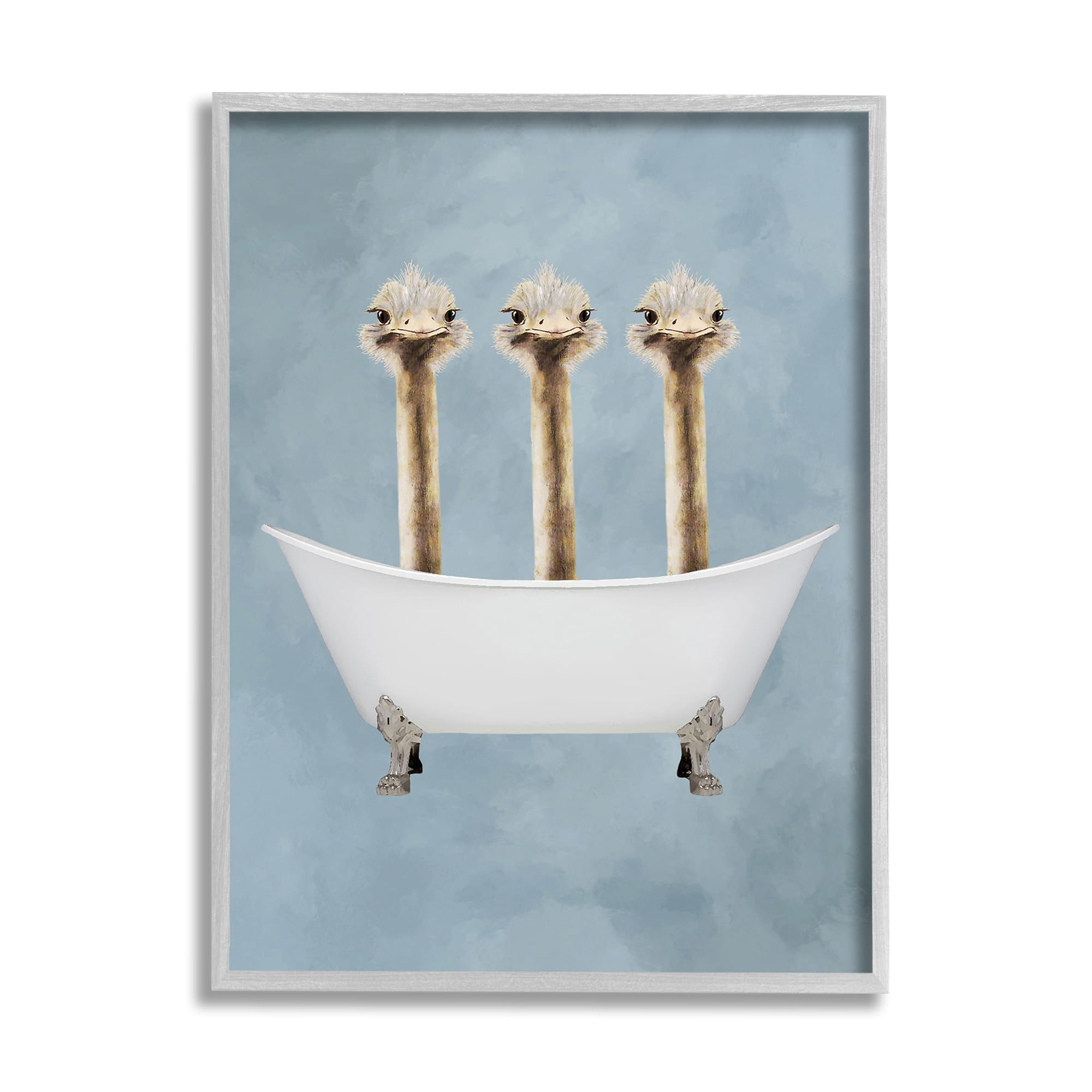 Three Ostriches Bathtub Cartoon, 11 x 14 Inch Framed Giclée Print
