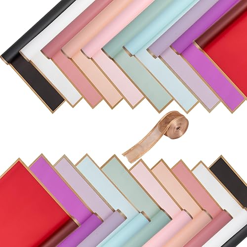 eageus 20 hojas de papel de regalo floral, 10 colores impermeables, papel de embalaje de ramo de flores con borde dorado de doble cara, suministros