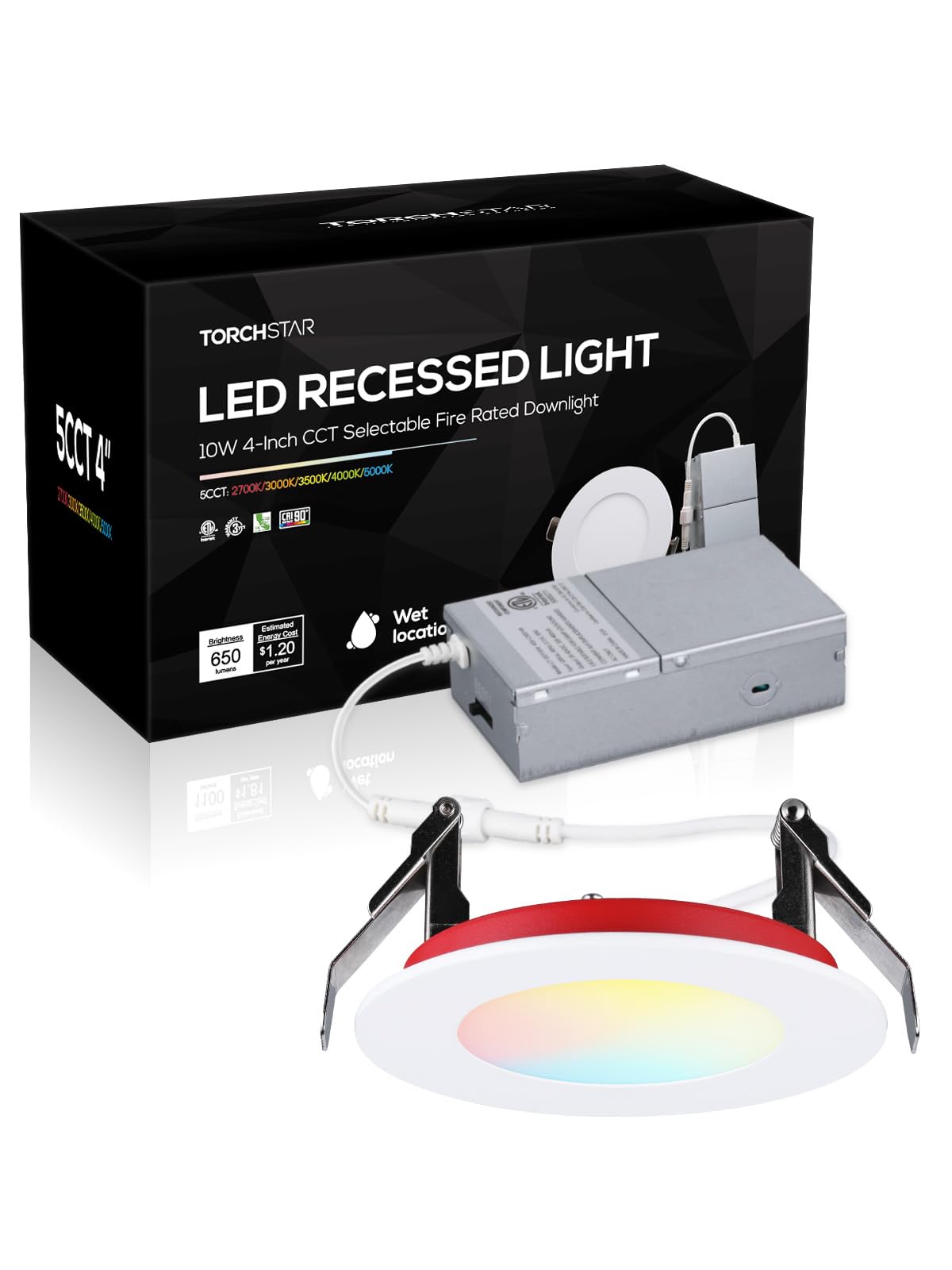 TORCHSTAR 5CCT 2 Hour Fire Rated Ultra-Thin LED Recessed Lighting with J Box, UL263, 4 Inch Dimmable Slim Recessed Canless LED Downlight, IC Rated,