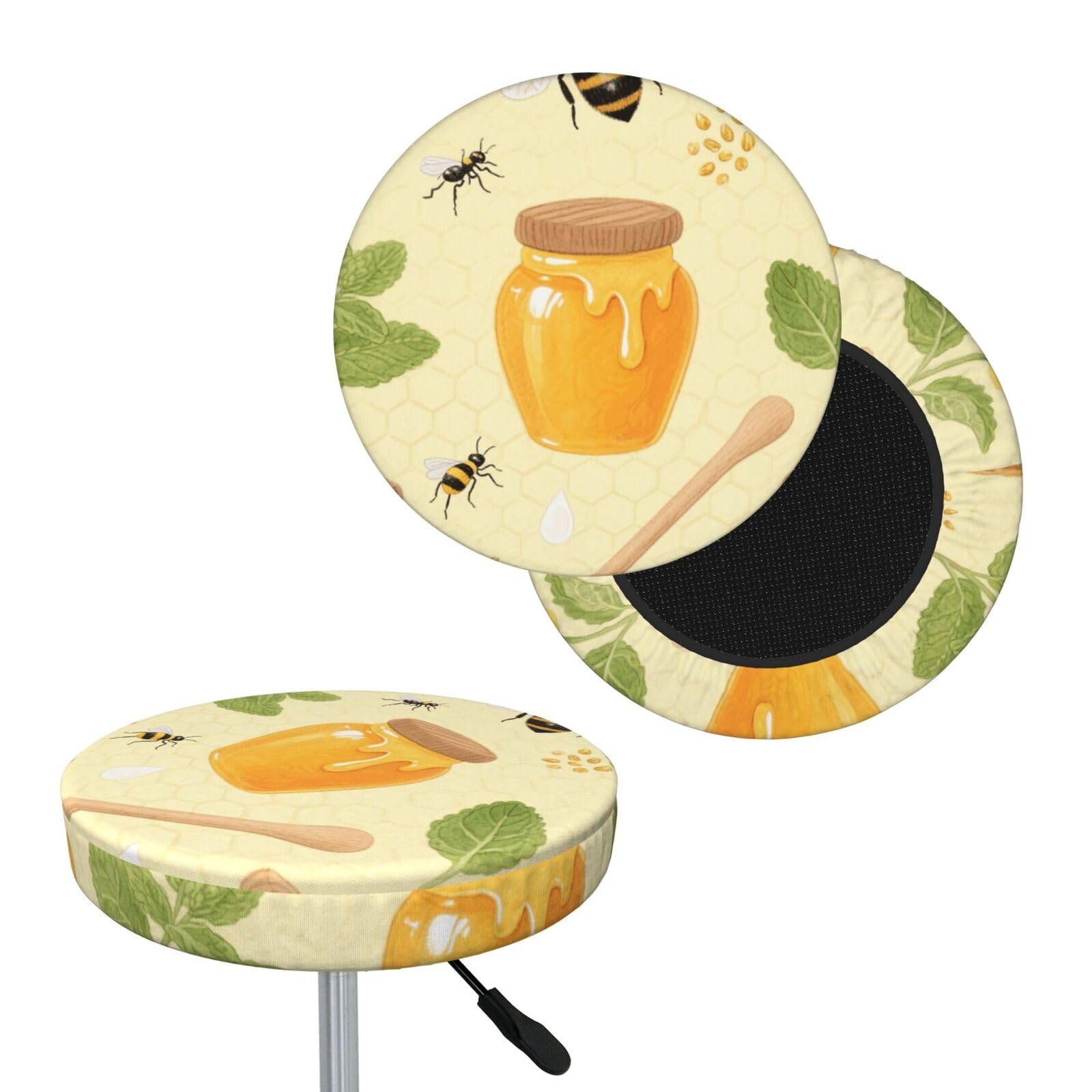 FekiLoot Bees and Honey Round Bar Stool Covers Stretch Washable Bar Stool Covers Dustproof Slipcover Bar Chair Covers with Elastic Band for Bar Kitchen Living Room Decor 14 Inch