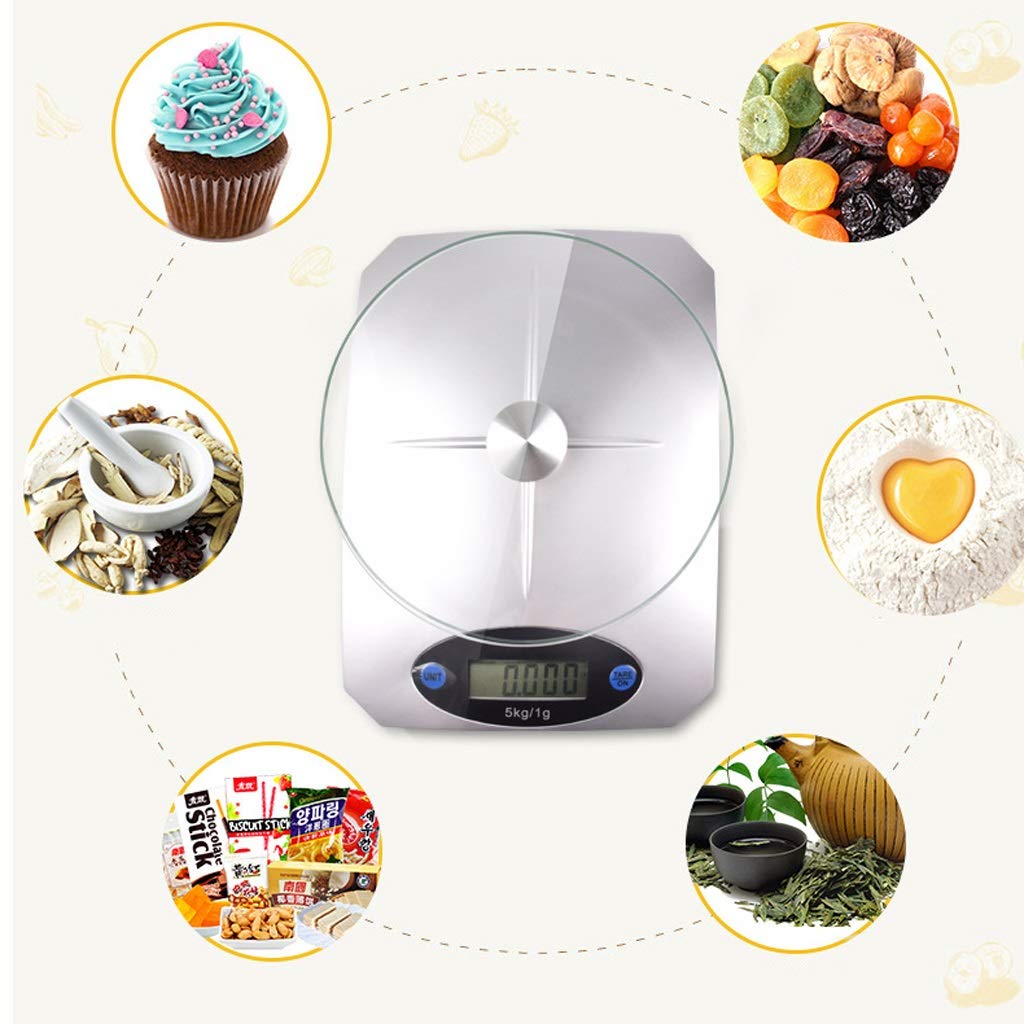 Balanzas para pesar alimentos, Báscula digital de cocina/alimentos de 5 kg/1 g for cocinar y hornear con función de tara y bandeja de vidrio extraíble, sistema de sensor de alta precisión (Color : Sil