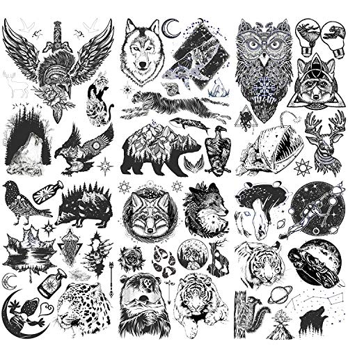 HOWAF 6PiecesLot Forest Realistic Wolf Temporary Tattoos For Men Arm Fake Tattoos Temporary Adults Women Kids Scorpion Wolf Deer Elk Eagle Rose Shark Planet Black Tattoo