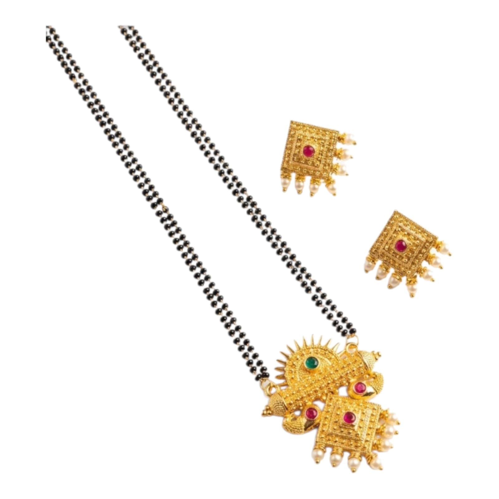 Traditional Golden Black Beads 2 line Chain & Gold Plated Peacock Design Pendant Long Mangalsutra with Earring Set for Women-image-21