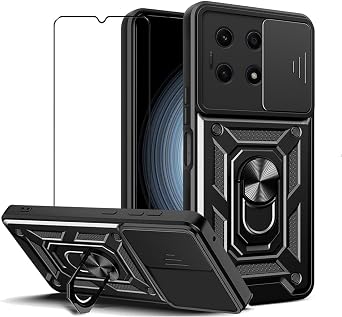 Case for Huawei Honor X6B with Tempered Glass Screen Protector,Sliding Camera Window, Kickstand, Shock-Proof Anti-Scratch Dual-Layer Phone Cover, Black