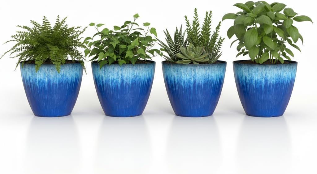 8 inch Plant Pots with Drainage Holes, Pack of 4 Plastic Flower Pots Indoor, Modern Glossy Finishing Planter for Indoor Outdoor Plants (Blue Glaze, 4 Pack)