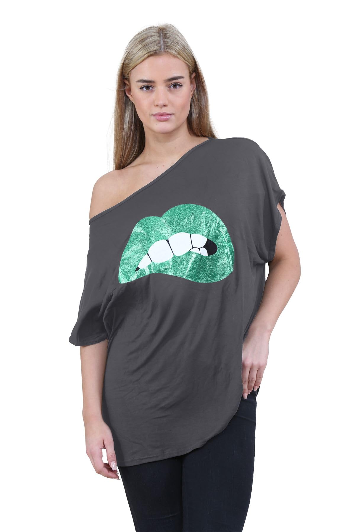 Hamishkane Women's Green Lips Charcoal Hamishkane® Bardot Baggy Lagenlook Oversized T Shirt For - Slogan Printed Off The Shoulder Batwing Top, Fashionable Going Out Tops For Uk