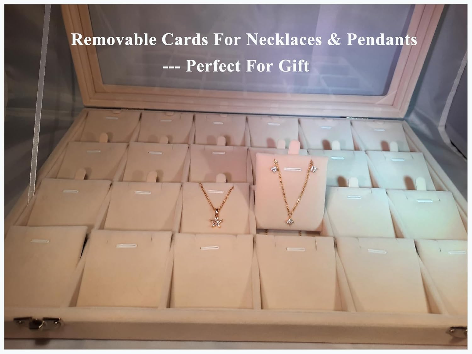 Jewelry Box Necklace Organizer Tray (Beige) Necklace Display Case for Storage Jewelry Necklaces Display Stand 24 Slot Pendant Holder for Women
