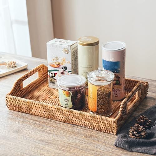 Hand-Woven Rattan Serving Tray with Handles - Ideal for Breakfast, Drinks, and Snacks on Dining or Coffee Table (43 cm, Rectangular) - Image 3