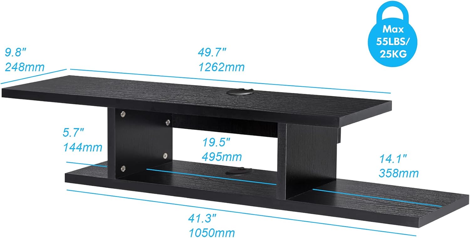Diagram showing the dimensions of the FITUEYES Floating TV Stand Shelf in inches and millimeters, with a maximum weight capacity of 55 lbs (25 kg).