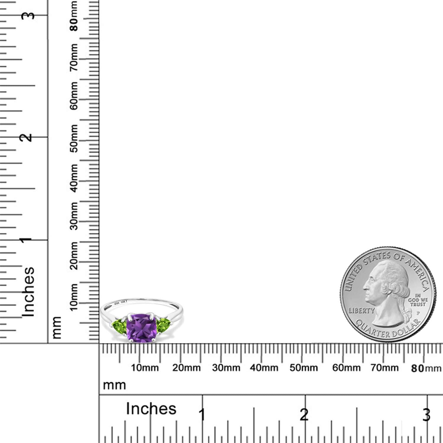 Gem Stone King 10K White Gold Purple Amethyst and Green Peridot 3-Stone Engagement Ring For Women (1.92 Cttw, 7MM Cushion and 4MM Trillion)
