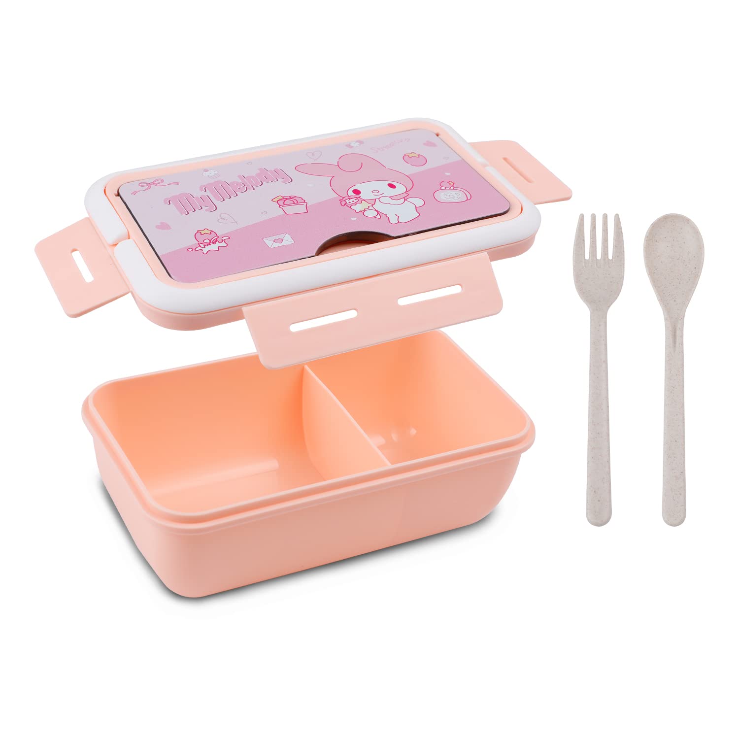 G-Ahora Versatile 2-Compartment Kitty Bento Boxes, Kitty Cat Lunch Box, Leak-Proof Lunchbox Bento Box with Utensil Set for Dining Out, Work, Picnic(LBOX Mel-B)