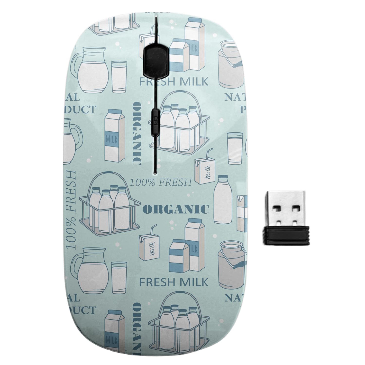 2.4GHz USB Wireless Mouse, Dairy Fresh Milk Pattern, Ergonomic Slim Computer Mice for Kids