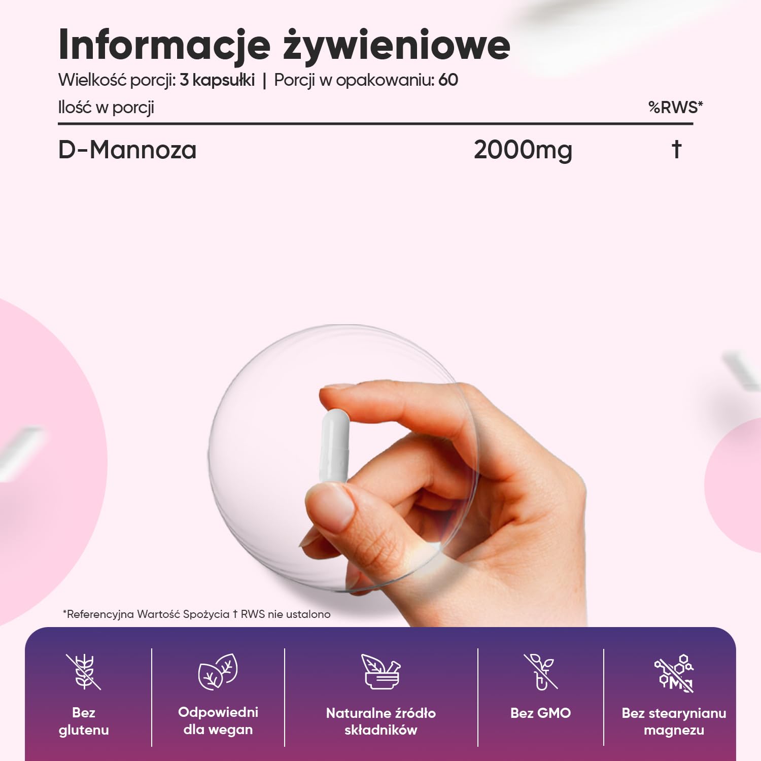 D-Mannoza 2000 mg – 180 kapsułek na 2 miesiące stosowania – suplement pochodzenia naturalnego – bez GMO i dodatków – odpowiedni dla wegan, bez stearynianu magnezu