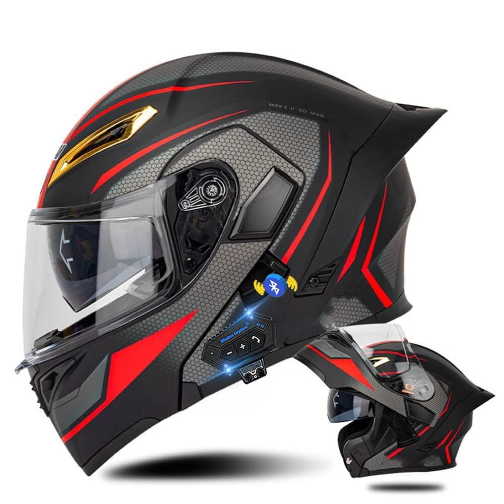 Bluetooth Cascos Modulares de Moto, Casco Abatible ECE Homologado, Casco Modular Integrado con Visera Solar Doble Antivaho y Forro Extraíble,Casco Cola Grande para Hombres Mujeres