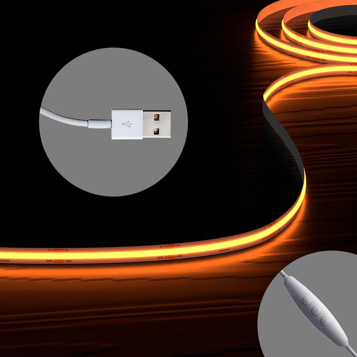 Homina 2700K Cob Led Strip Lights With 3Key Memory Dimmer, Usb 2M/6.6Ft Ultra Bright 90+ Cri Led Tape Lights, Rope Lights For Bedroom, Cabinet, Kitchen Tv Backlight