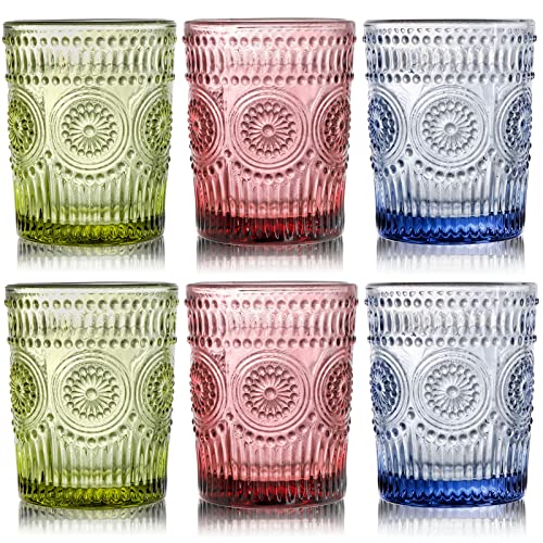 Kingrol Paquete de 6 vasos de agua de colores de 9.5 onzas, vasos vintage para beber, juego de cristalería premium para jugos, bebidas, cerveza, cóctel Cover