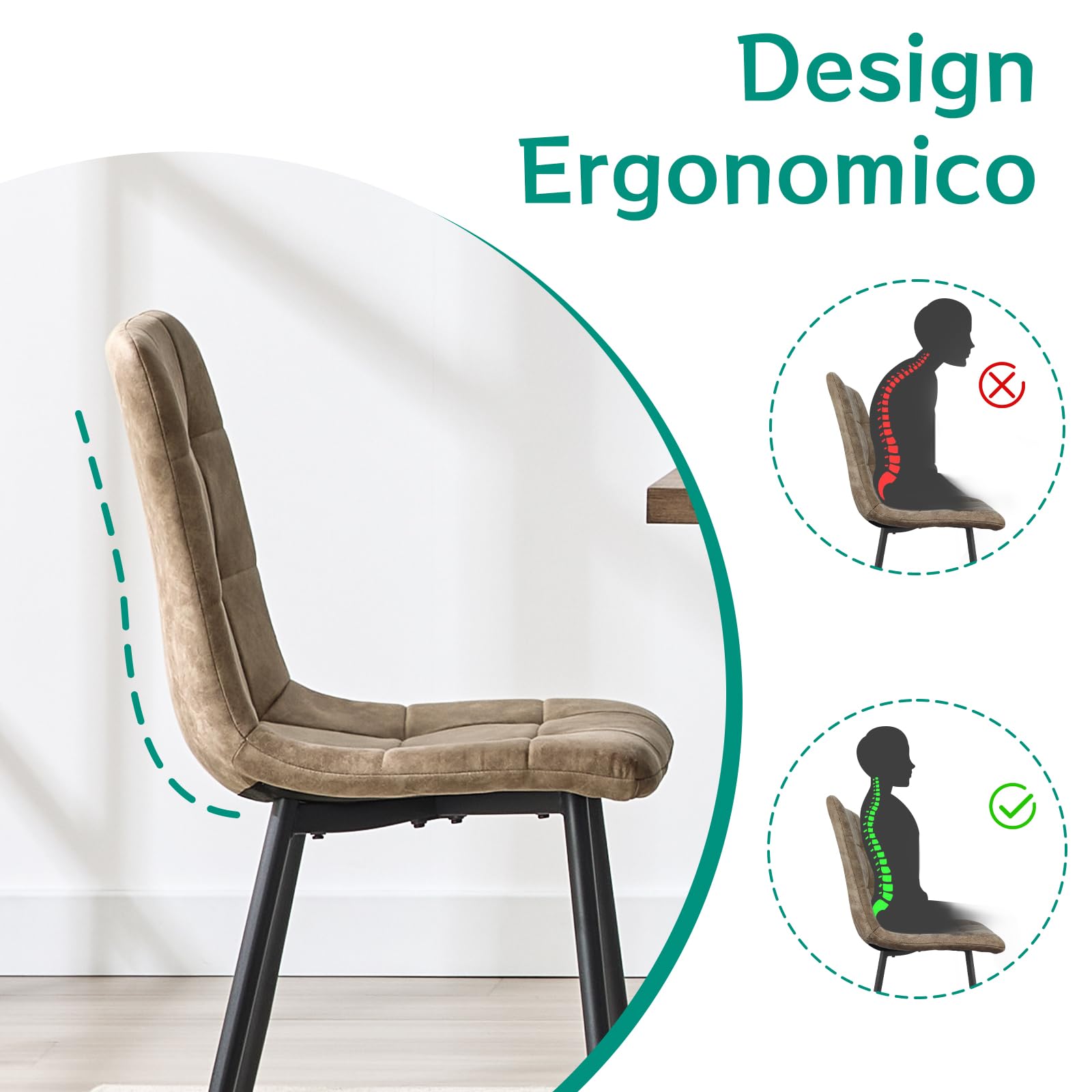 JIJIAN Set di 2 Sedie Sala da Pranzo, Sedie da Cucina in Tessuto Tecnologico, Sedie imbottite per Soggiorno con Gambe in Metallo Nero, Adatte per Sala da Pranzo, Sala d'attesa, Cachi