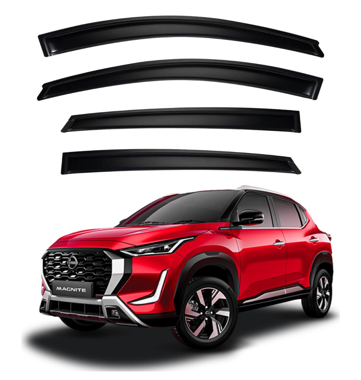 ShopClub Premium Smoke Car Door Visor Front+Rear Sun/Rain Guard Outside Mount Tape-On Window Visors Compatible with Nissan Magnite (2025)