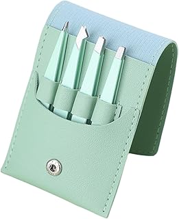 Pinzas inoxidables de precisión para cejas, 4 unidades, acero inoxidable con funda de piel sintética, pinzas planas de punta oblicua para depilación de cara, cejas, nariz, mujer, color verde