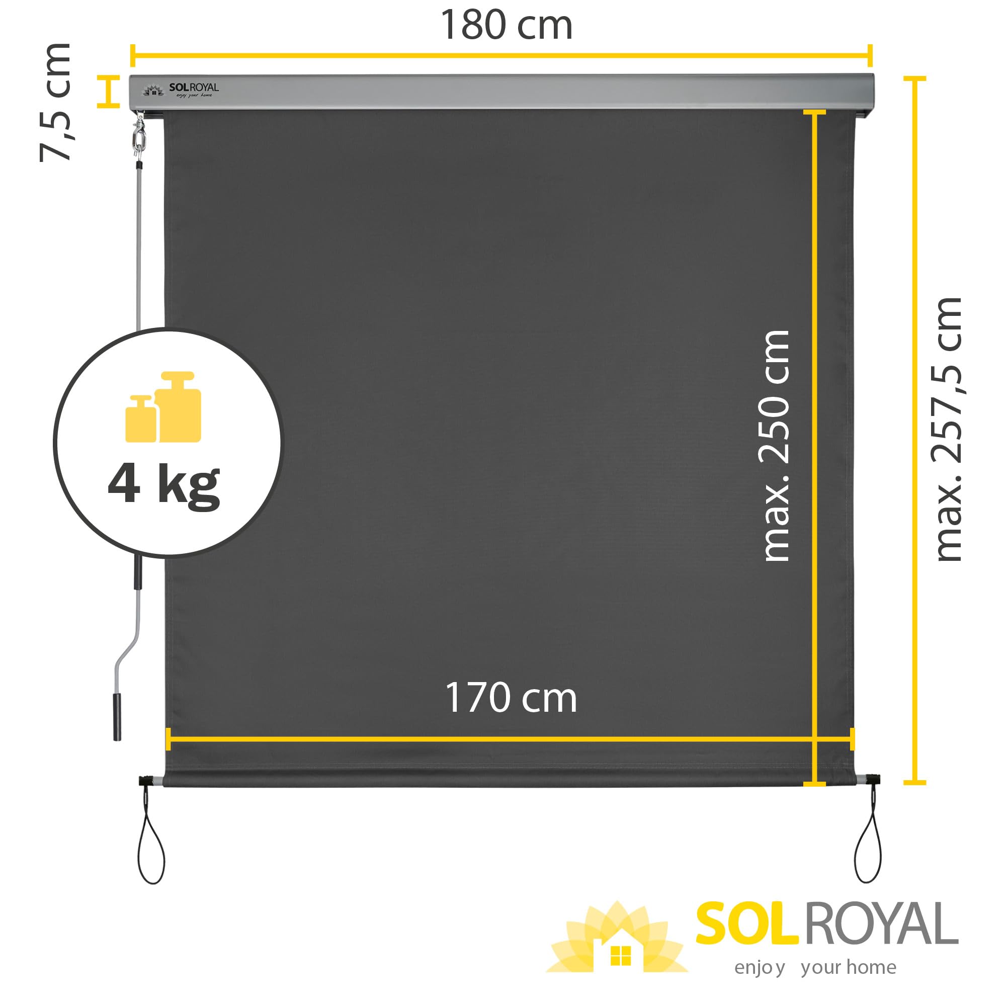 Sol Royal Store Vertical Brise-Vue de Balcon Robuste Protection Solaire | 180x250cm anthracite manivelle amovible hydrofuge terrasse jardin résistant aux intempéries MS5