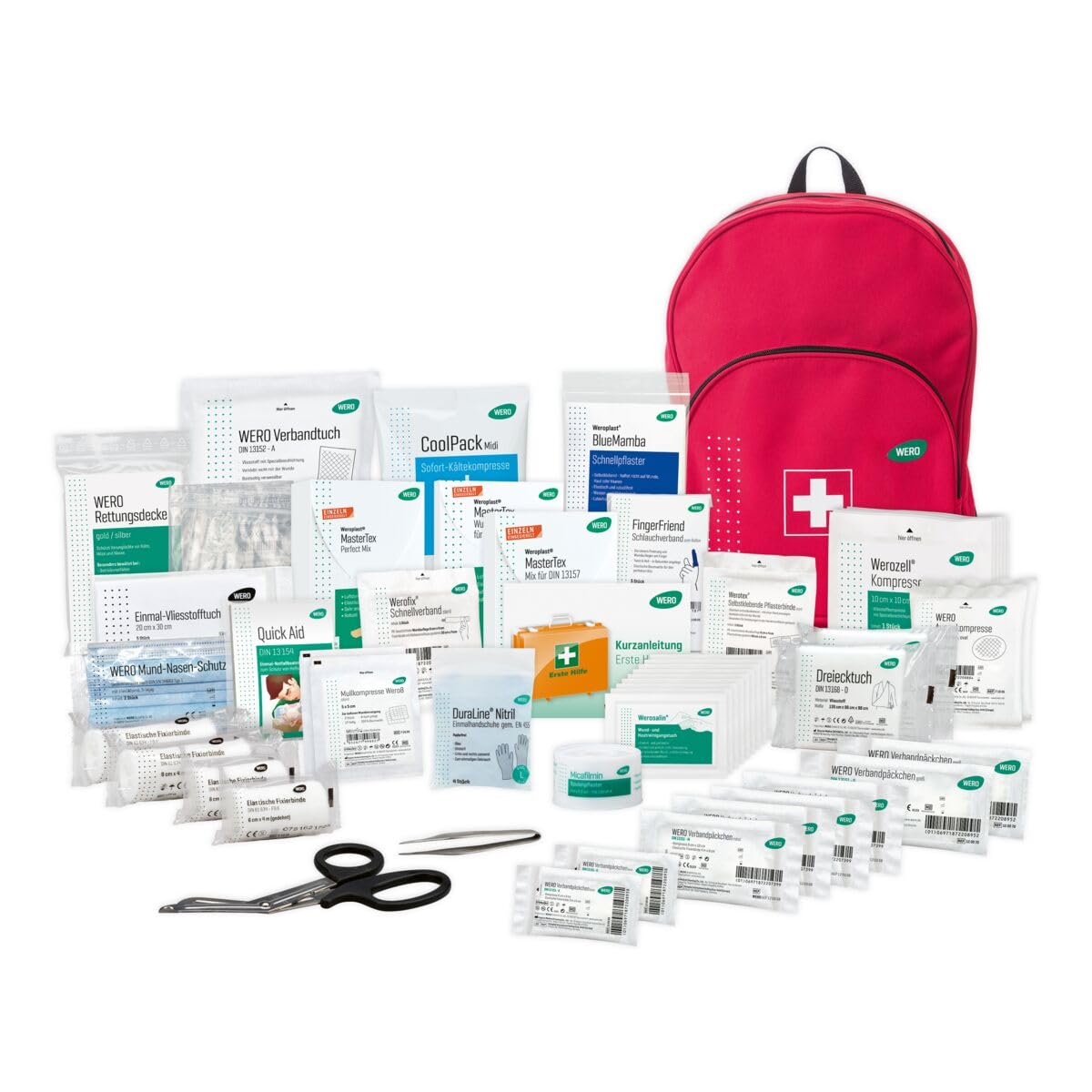 WERO Erste-Hilfe-Rucksack DIN 13157 Allround | Komplettes Notfall-Set, Für Betrieb, Baustelle, Außendienst & Veranstaltungen, 180°-Öffnung