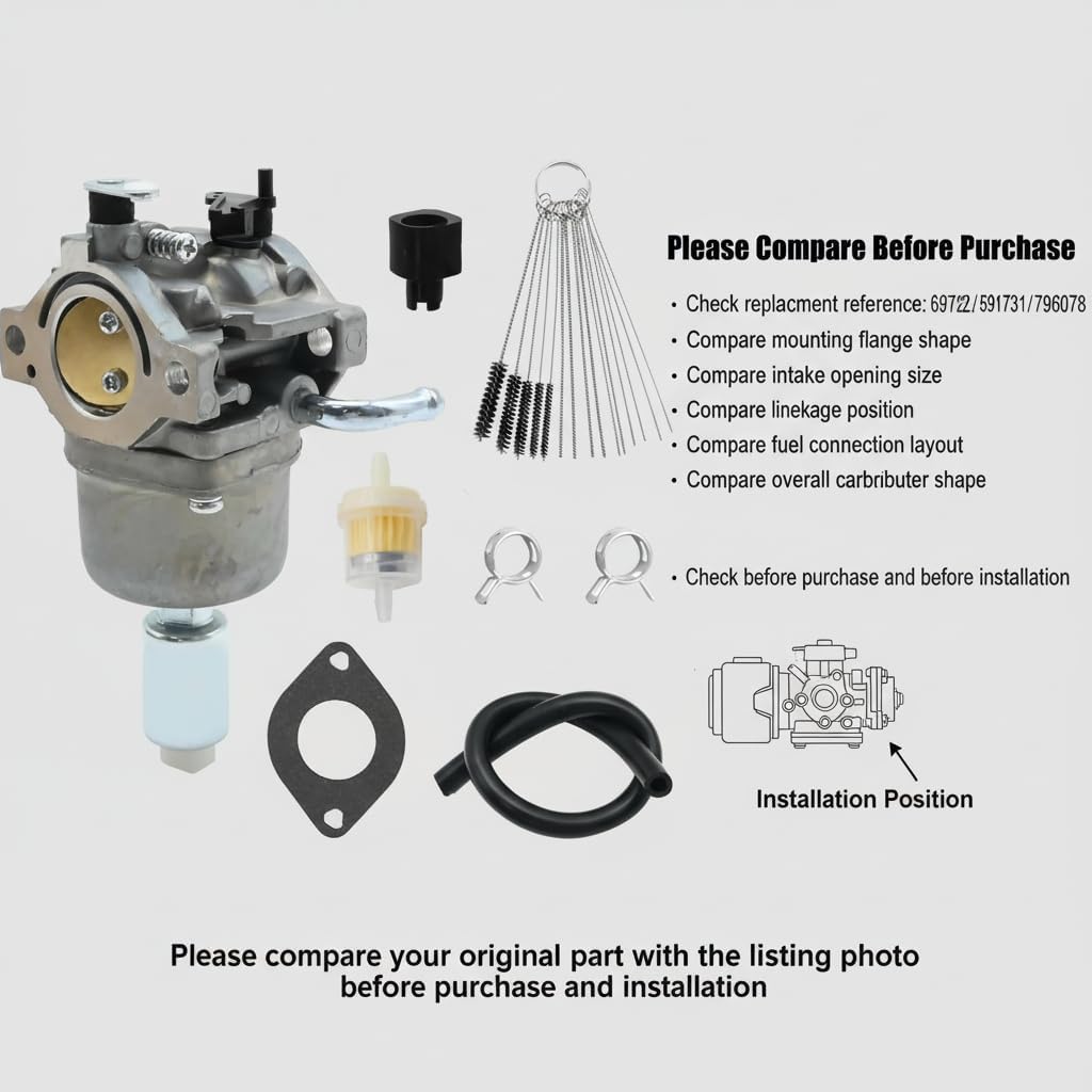 Carburetor Kit Replacement for 697122 591731 498811 796078 Small Engine Carburetor with Fuel Line Filter Gasket Cleaning Brush Set