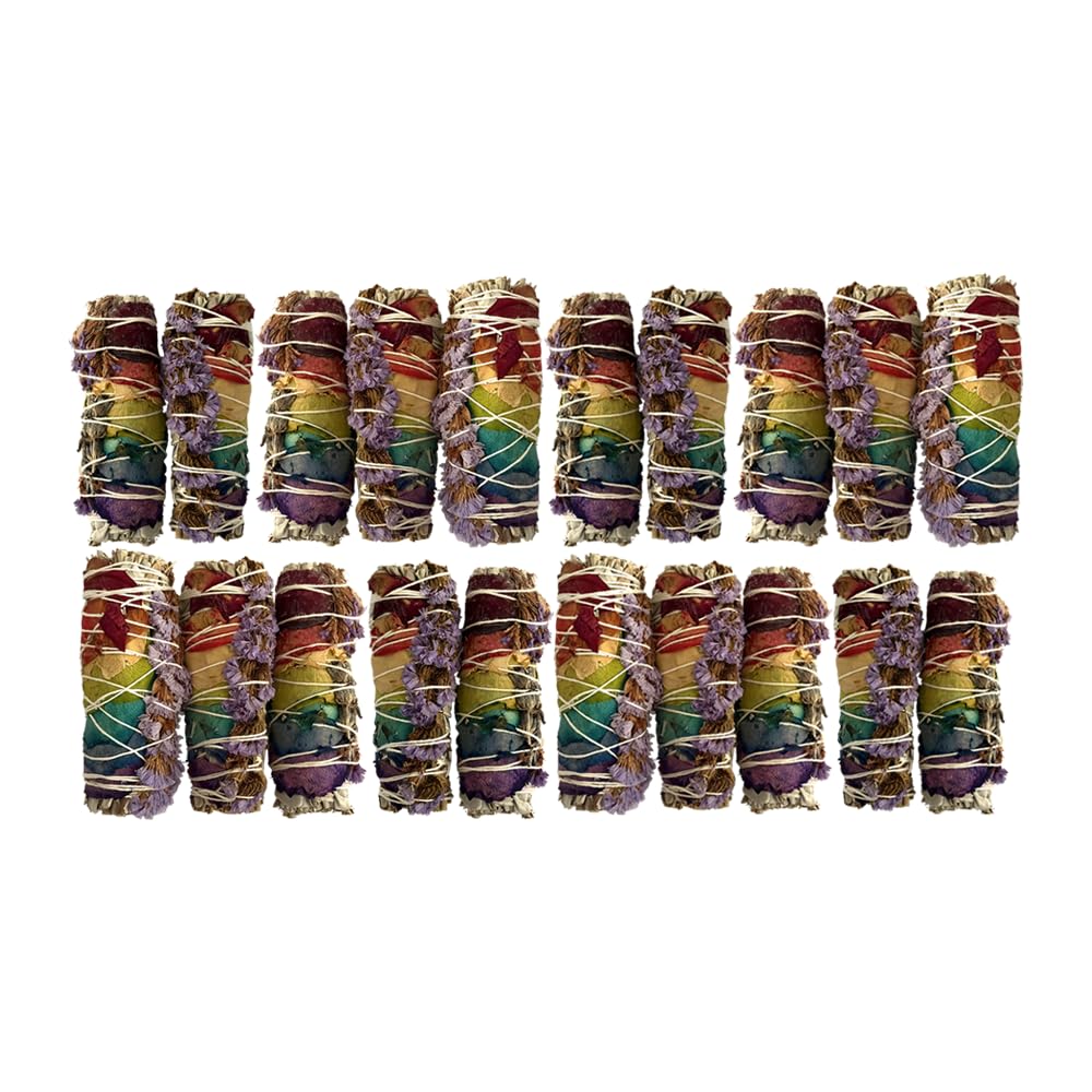 Smudge Stick, White Sage, 7 Chakra Petals and Purple Sinuata 4", Pack of 20