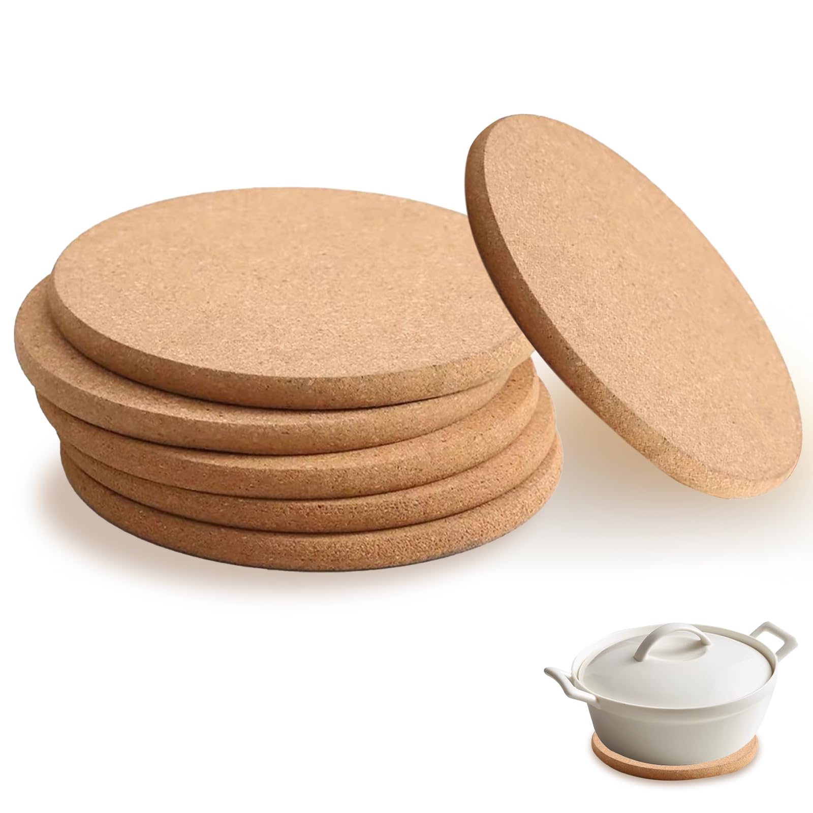 Cork Trivet Set of 6-19cm Round Extra Thick 10mm Cork Mats for Hot Pots and Pans, Heat Resistant Coasters with Smooth Beveled Edges to Protect Kitchen Worktops and Tables, Natural Cork Placemats