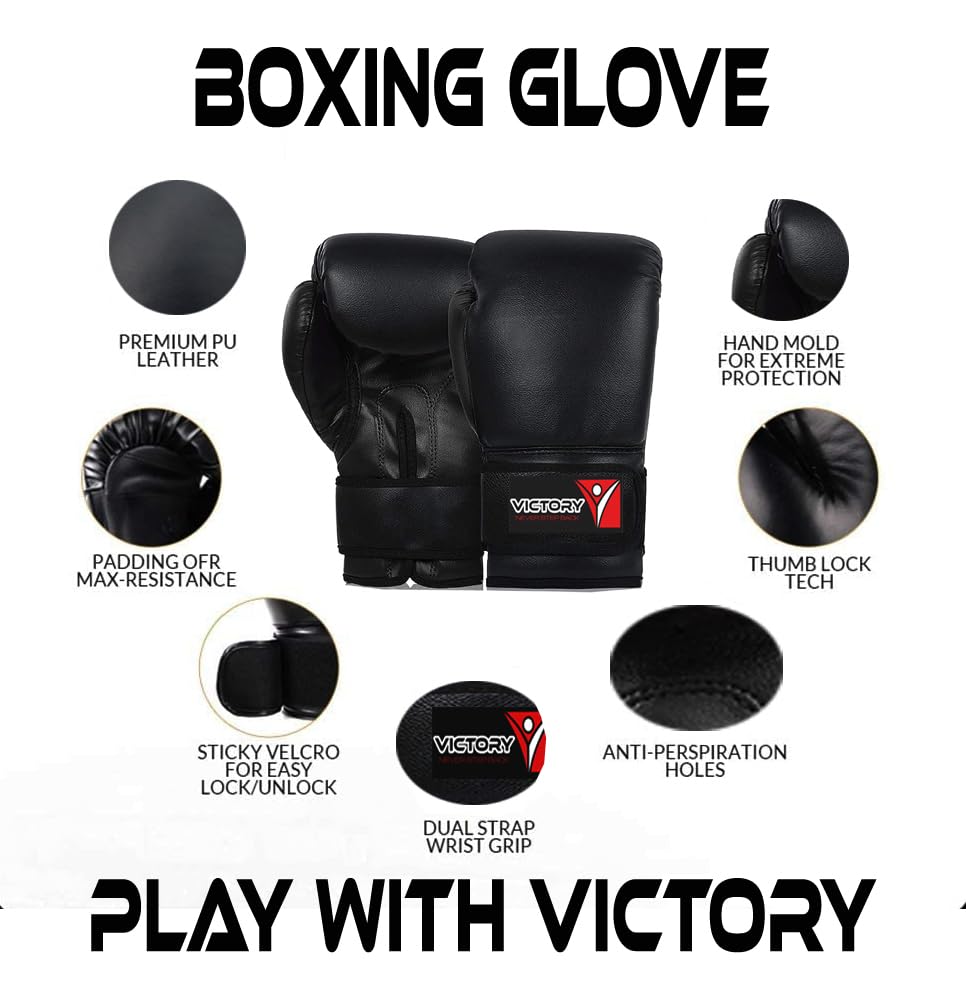 Image of VICTORY Boxing Gloves for Men & Women with Moulded Foam Padding Punching Bag Gloves for Boxing, Training, Kickboxing, Muay Thai, MMA, Durable Pu Material Twin Punching Gloves (Full Black, 10-12 Oz)