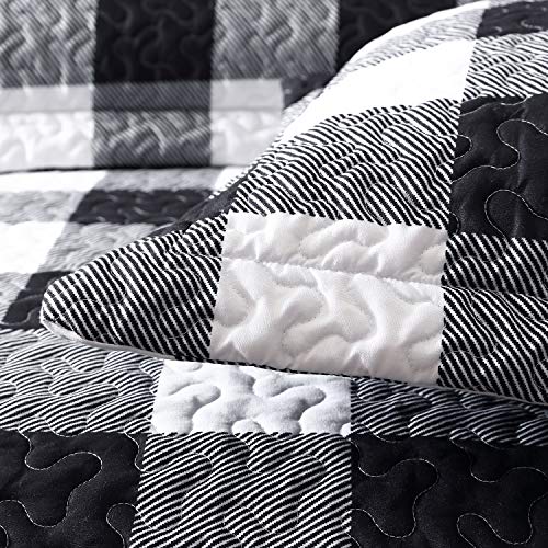 EXQ Home Quilt Set King Size 3 Piece,Lightweight Microfiber Coverlet Modern Style Black and White Squares Pattern Bedspread Set(1 Quilt,2 Pillow Shams)