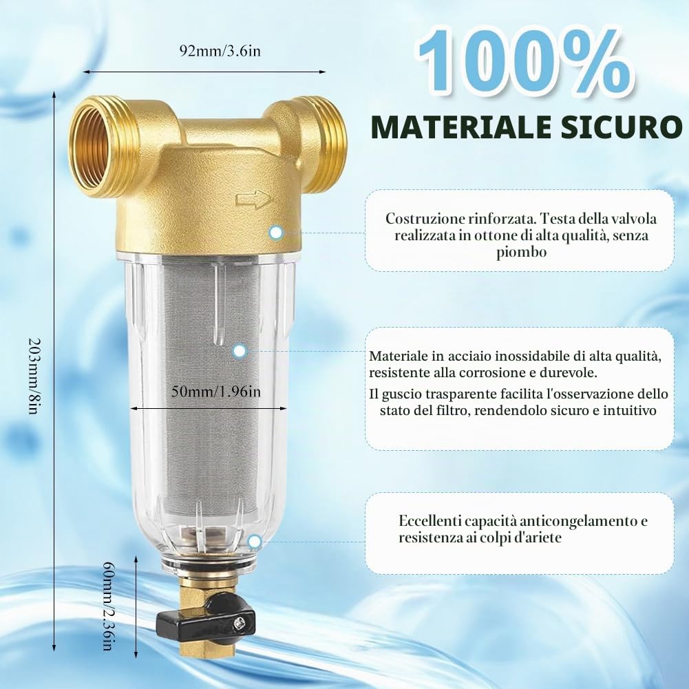 Filtro antirisciacquo prefiltro per acqua domestica – filtro acqua giardino & porta casa 1 pollice Spin Down filtro sedimentario con adattatore da 3/4" in acciaio inox, prefiltro pompa da giardino