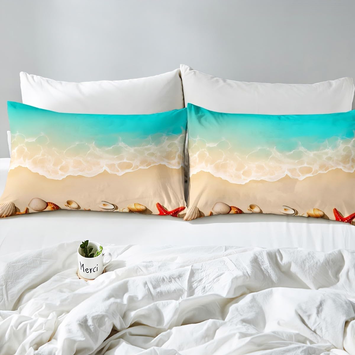 Erosebridal Ocean Beach Bed Sheets Set,King Size Hawaii Coastal Sheet Set Seashell Seafish Sheets Girls Boys Deep Pocket Seashore Beachy Bedroom Deocr