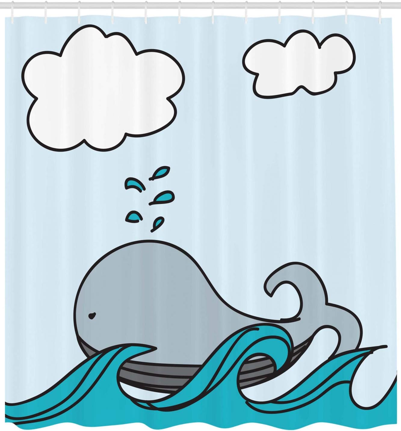 Ambesonne Nautical Shower Curtain, Floating Little Whale Cartoon Over The Sea Waves and Splashes Wildlife Simplistic Style Art, Cloth Fabric Bathroom Decor Set with Hooks, 69" W x 70" L, Blue White