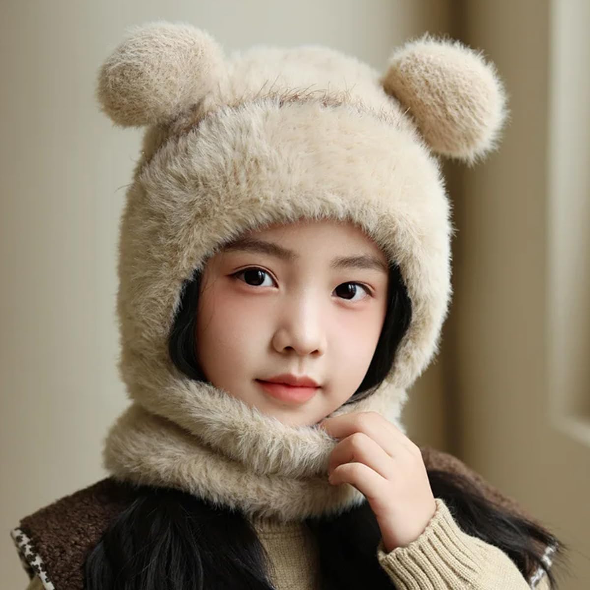 Kids Winter Warm Hat Scarf Set, Pompom Beanie Hat Scarf for Boys Girls 4-10 Years