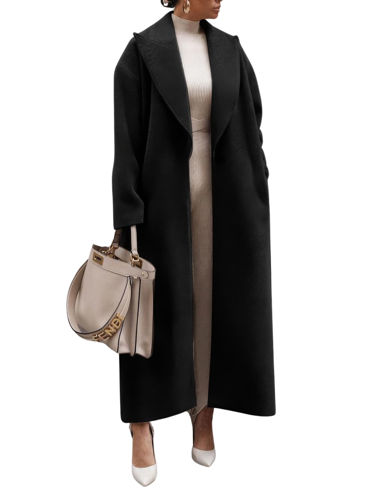 ebossy Womens Fashion Notched Lapel Single Breasted Open Front Maxi Long Trench Coat Woolen Overcoat with Pockets