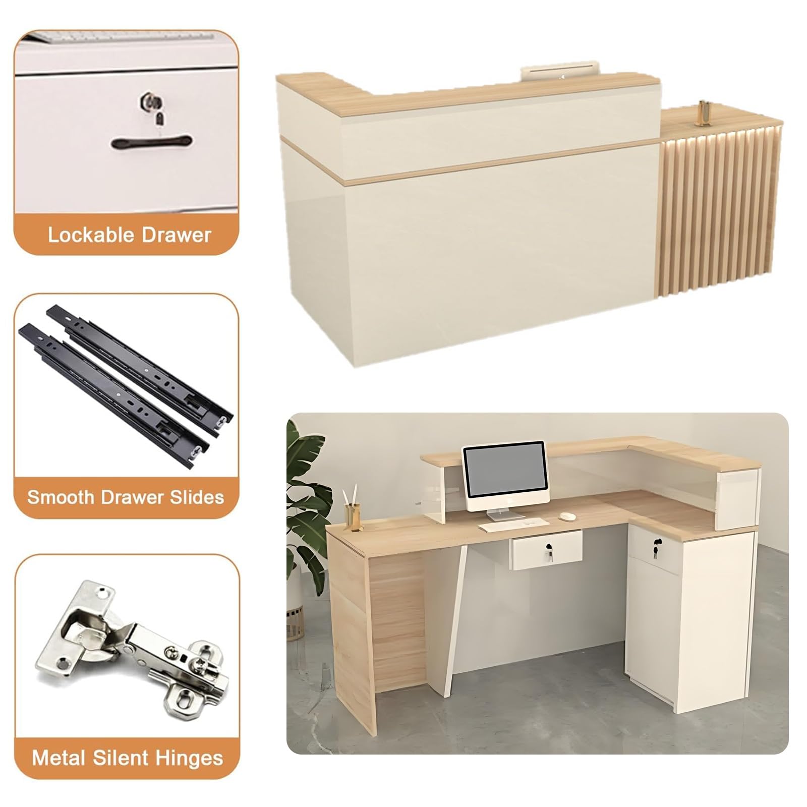 Bancone Cassa for Negozio,bancone Reception Estetista,Bancone Vendita,Tavolo con Cassetto e Piccolo Armadietto,per Negozi di Abbigliamento(White,LEFT-140CM/55IN)