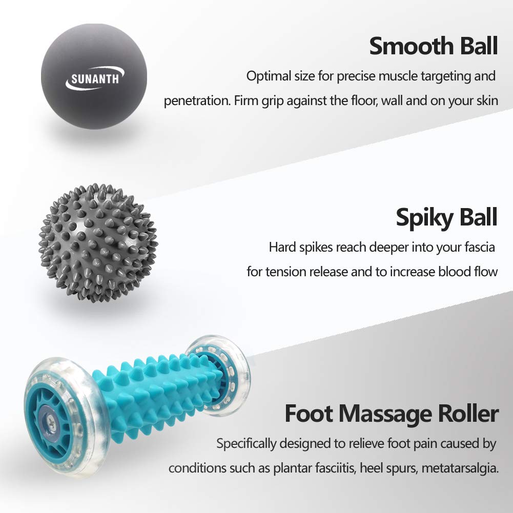 SUNANTH Fußmassage-Roller, Massage-Lacrosse-Ball, Stachel-Ball-Therapie-Set zur Linderung von Plantarfasziitis, Fersen- und Fußgewölbeschmerzen und Tiefengewebsmassage