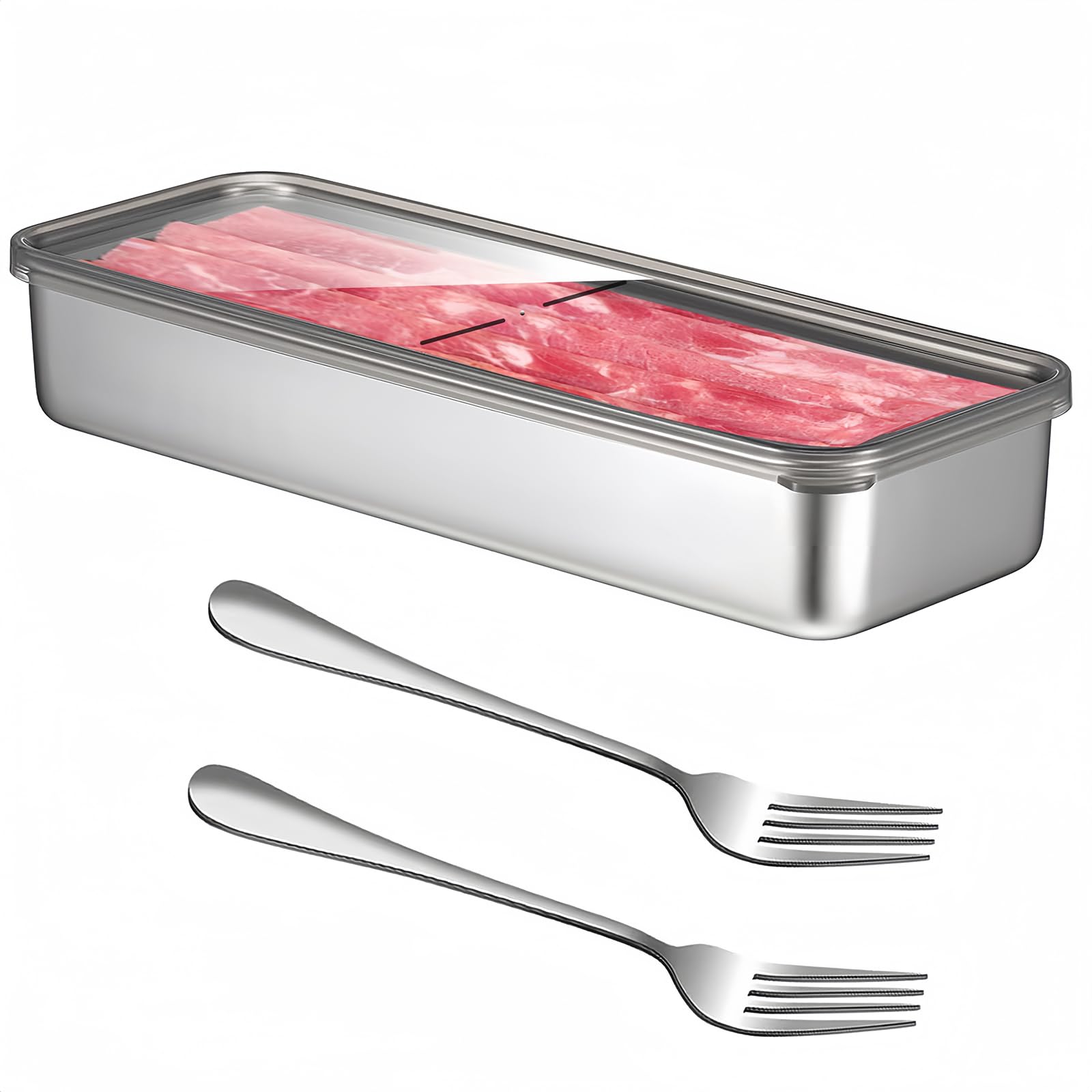 Bacon Container for Refrigerator,Bacon Keeper 304 Stainless Steel Airtight Deli Meat Storage Containers for Fridge, 1PC Long Kitchen Food Storage Container with Lid and 2PCS Forks