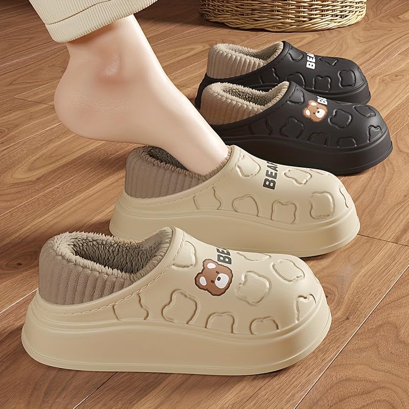 Cozy Cartoon Bear Plush-Lined Slippers for Women - Waterproof, Fashionable Indoor Home Shoes with Soft EVA Sole4