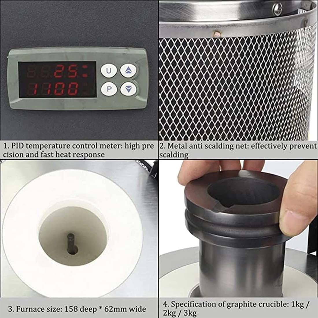 Four de fusion pour métal électrique, machine de four de fusion d'or numérique, four de fusion de creuset en graphite 1150 °C, module PID électrique de four de fusion 1500W, four de fusion,Red-2KG